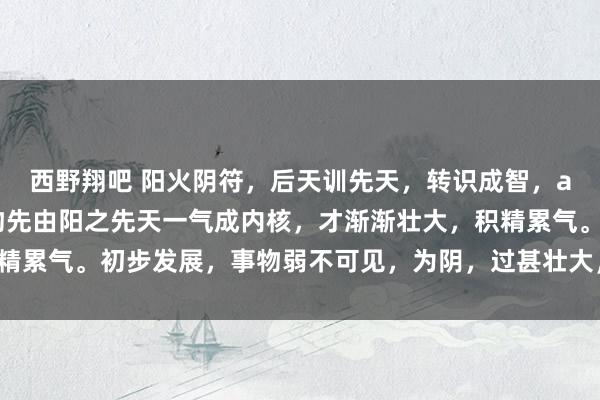 西野翔吧 阳火阴符，后天训先天，转识成智，ai样本成神经收罗。事物先由阳之先天一气成内核，才渐渐壮大，积精累气。初步发展，事物弱不可见，为阴，过甚壮大，如日光耀耀，阳。